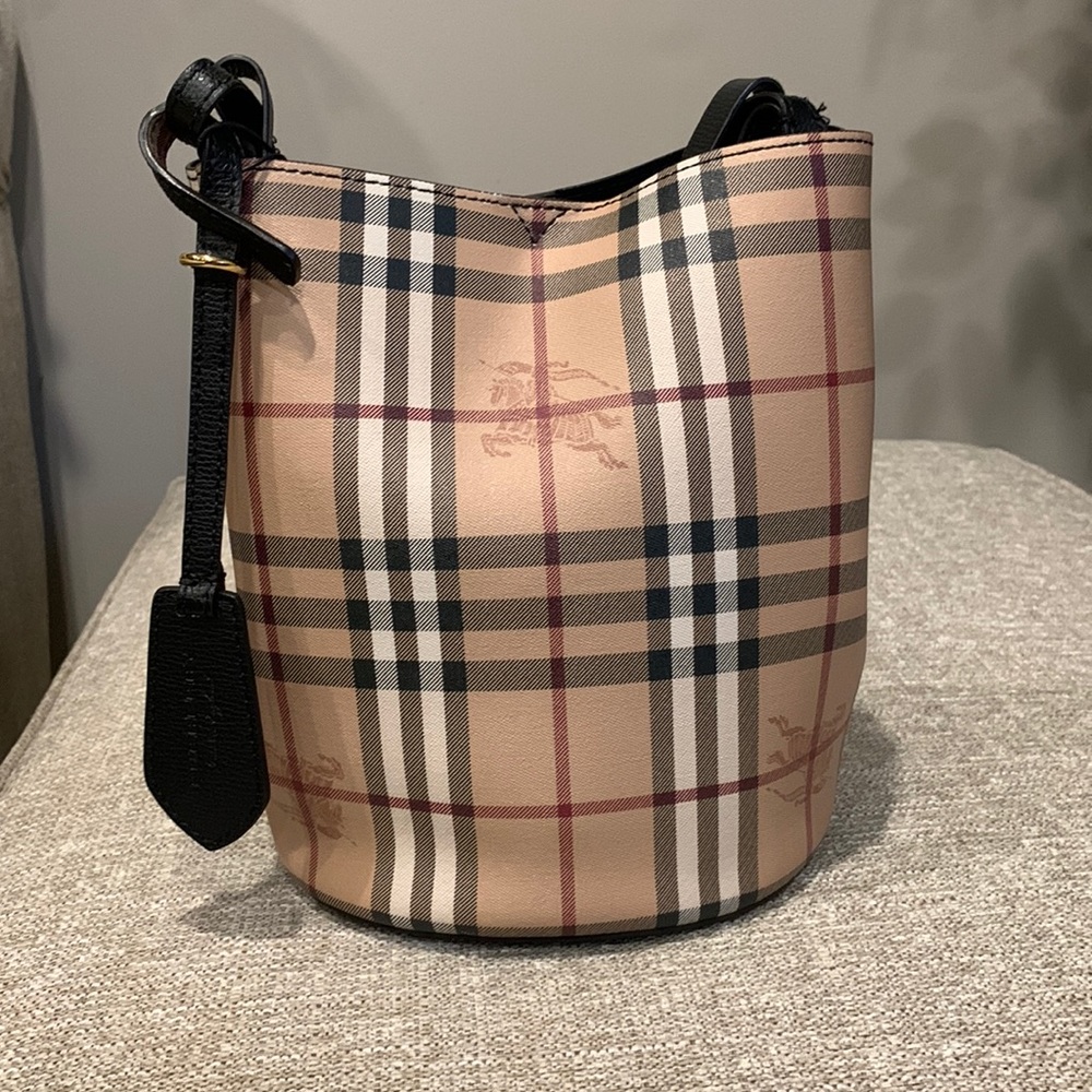 Burberry Leather Haymarket Check Bucket Bag
